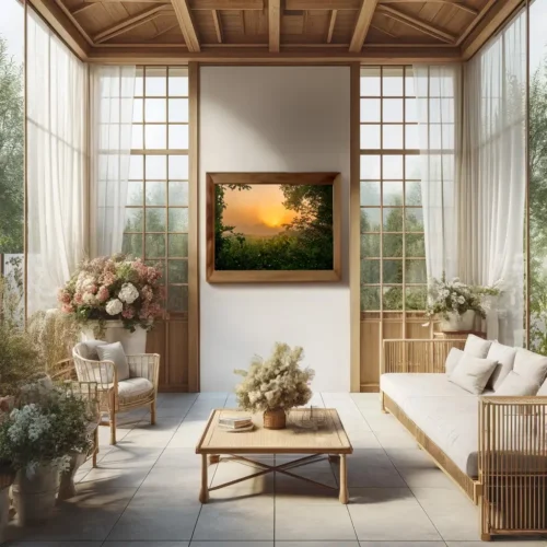 Photo nature encadrée du lever de soleil en campagne d'Ille-et-Vilaine, exposée dans un intérieur élégant
