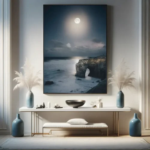 Photographie encadrée de l'arche de Port Blanc de nuit exposée dans un intérieur élégant