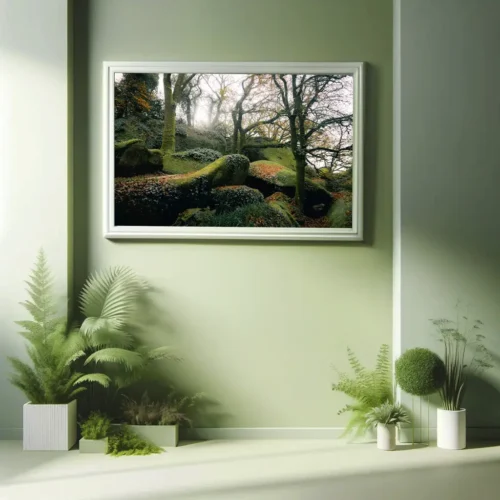 Photographie encadrée du chaos de Huelgoat, roches et arbres sous une lumière diffuse et un léger brouillard, accrochée dans une pièce avec beaucoup de végétaux