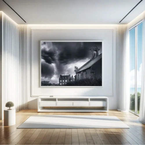 Fotografía enmarcada en blanco y negro de la ruta aduanera, presentada en un elegante interior