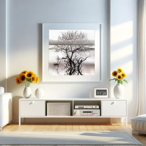 Schwarz-Weiß-Fotografie eines einsamen Baums am Etang du Moulin Neuf, Finistère, ausgestellt in einem Innenraum.