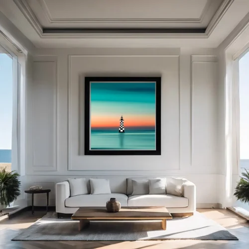 Framed photo of the Perdrix tower lighthouse at sunrise, coastal style decor.
