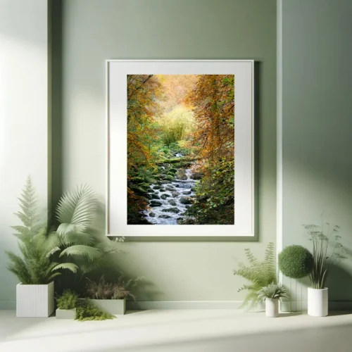 Fotografía enmarcada de edición limitada de las cascadas de Ellez en los Montes de Arrée, Finisterre