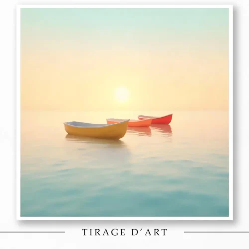 Pastellmeer‑Foto in limitierter Auflage – drei farbige Boote auf ruhigem Meer bei tiefer Sonne