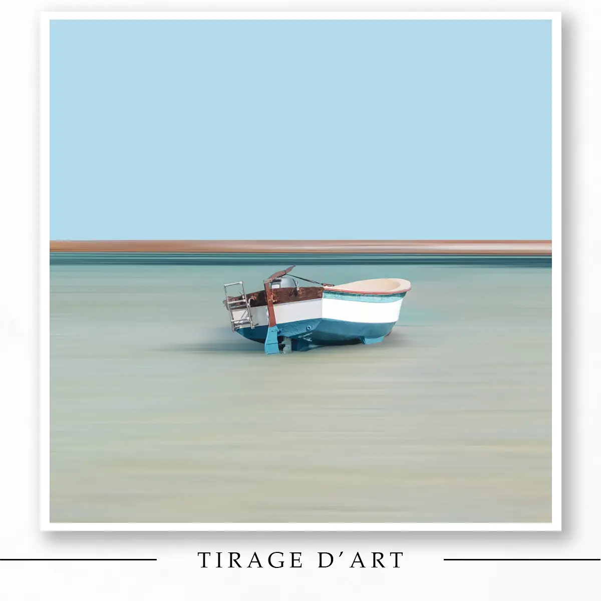 Art photo: minimalist blue boat on turquoise sea – limited edition print