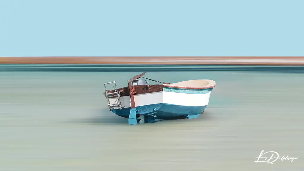 Seascape photograph: turquoise boat against an azure backdrop, limited edition art print.