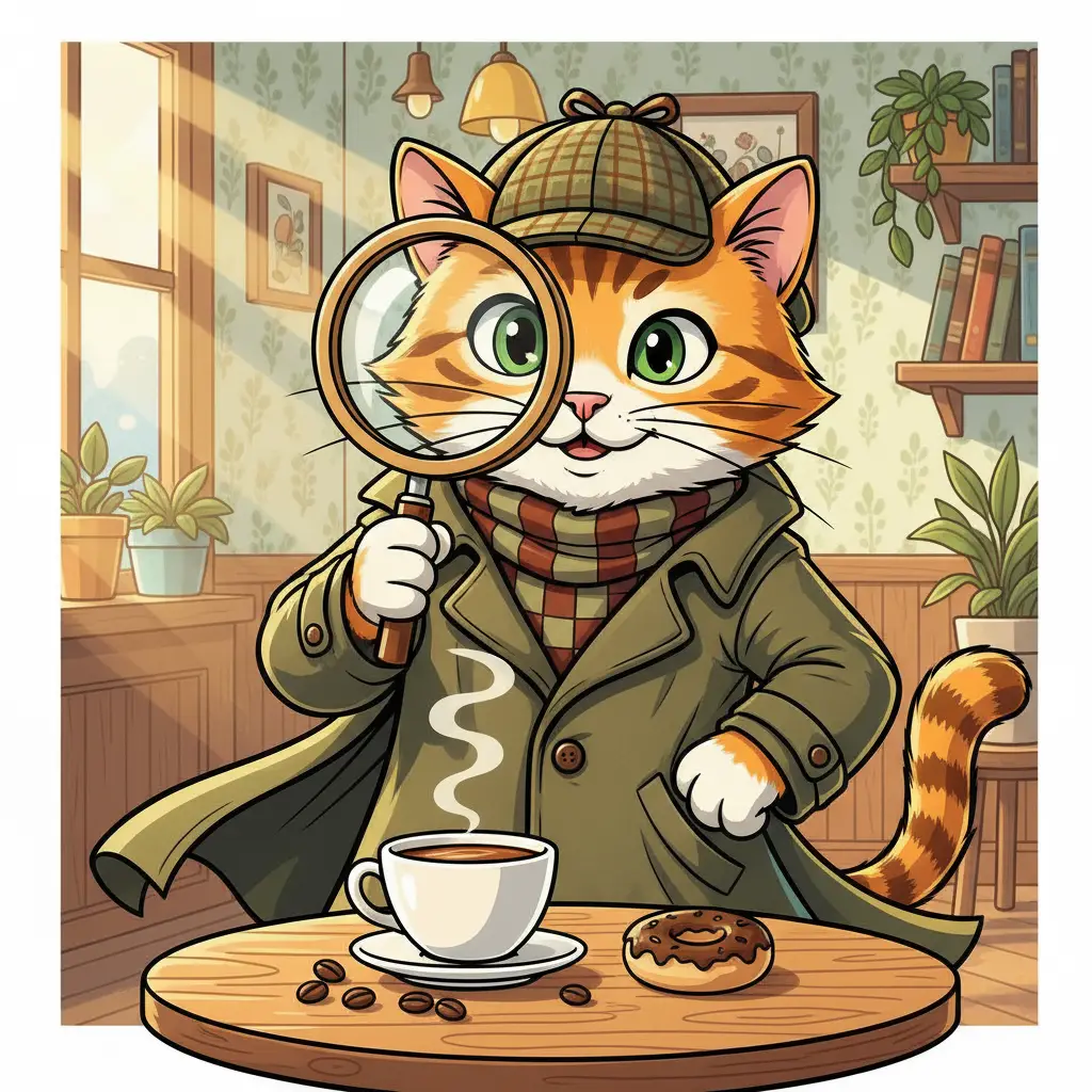 Illustration d'un chat détective avec une loupe examinant une tasse de café.