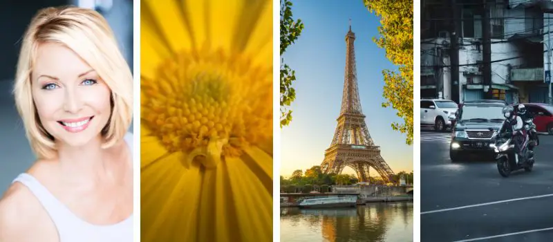 Quadriptyque styles photo portrait femme souriante fleur jaune macro Tour Eiffel Paris moto circulation urbaine