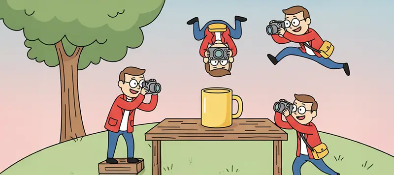 illustration photographe explore plusieurs angles autour d’une tasse