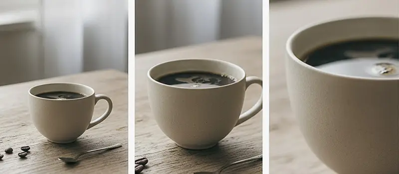 Trois photos identiques tasse café blanc sur table bois prises avec focales différentes plan large serré macro