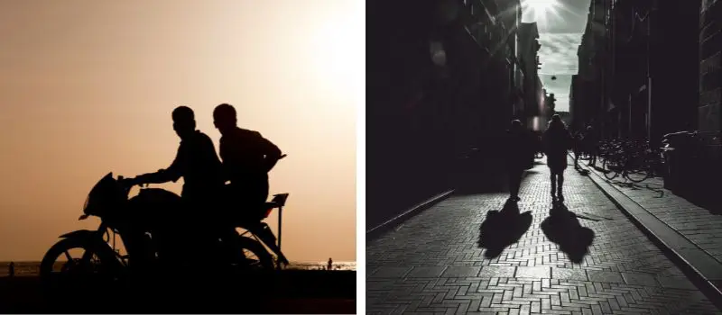 Diptyque silhouettes contre-jour coucher soleil moto deux personnes et piéton rue ville ombres longues