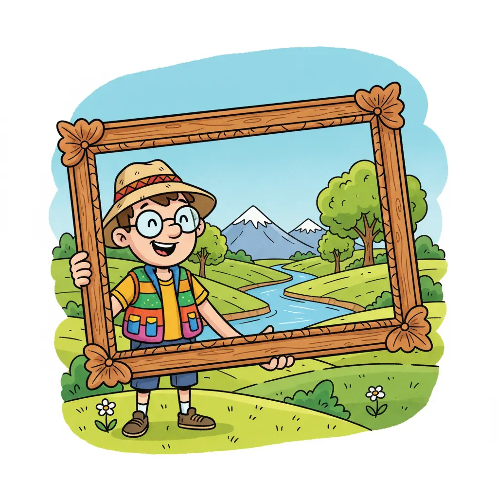 Illustration d'un photographe utilisant un cadre pour exclure les distractions d'un paysage.