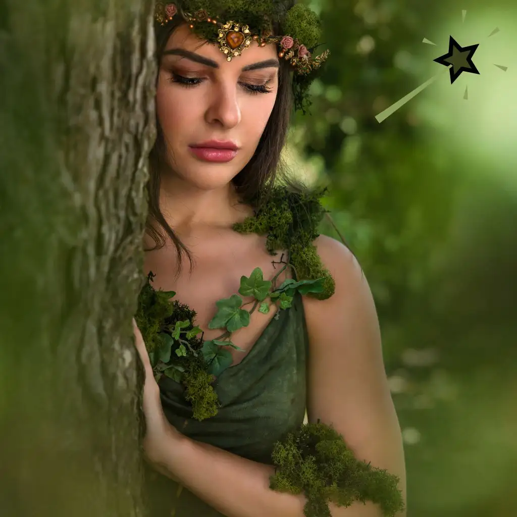 Fairy-like young woman in the forest, inspired by Morgane de Brocéliande
