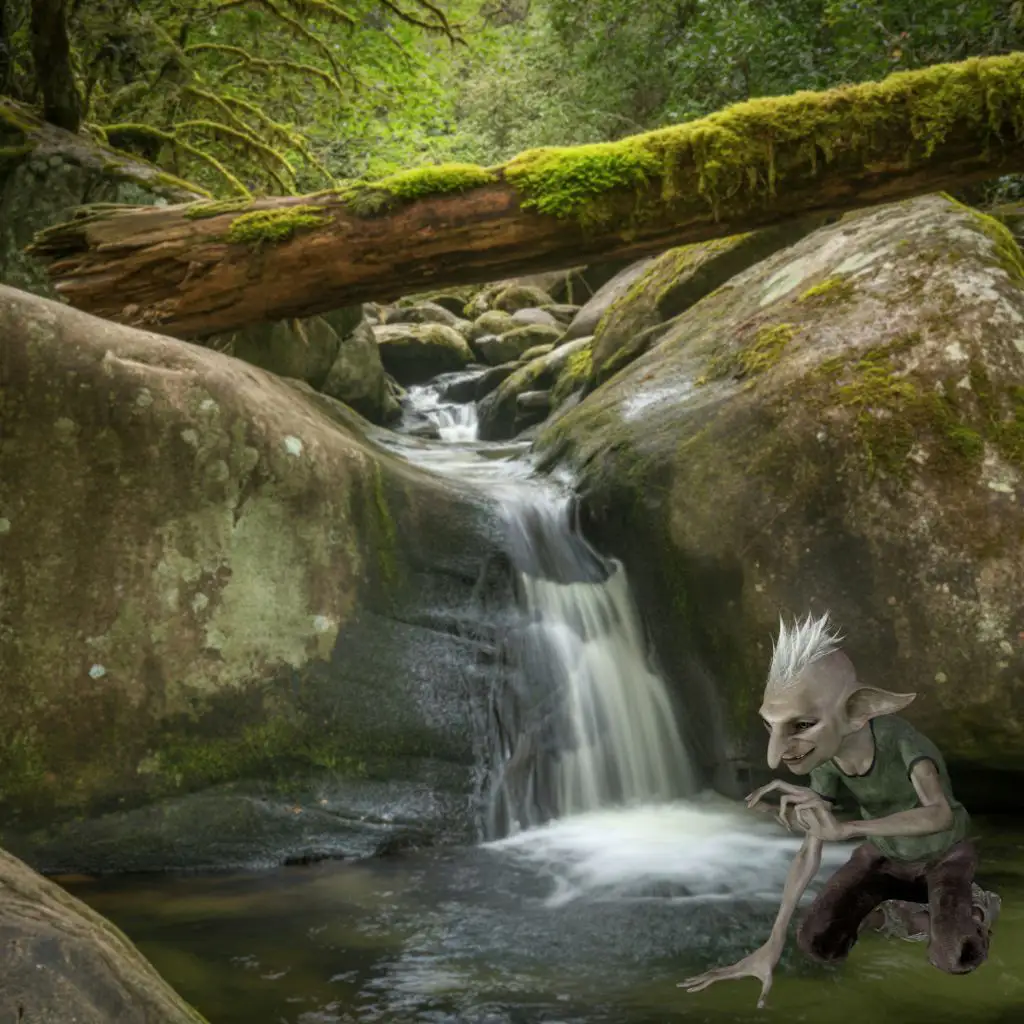 Korrigan near a waterfall in the Brocéliande forest
