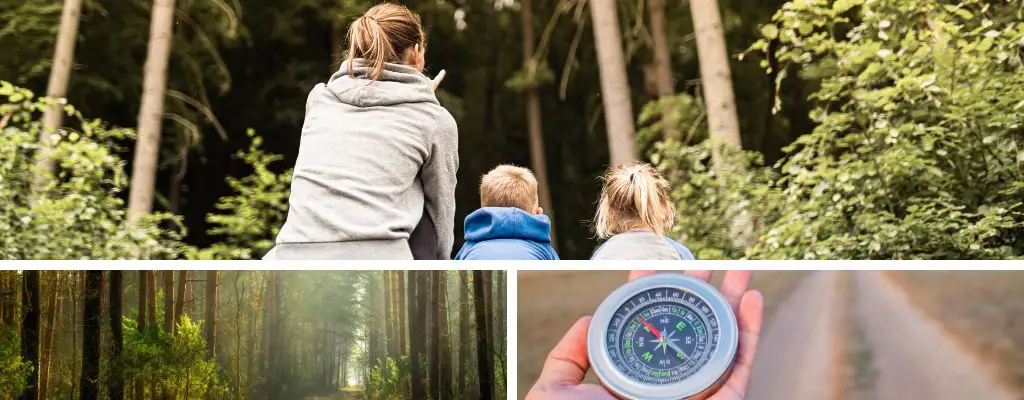 Family in the forest with a compass, choosing what to do in the Forest of Brocéliande
