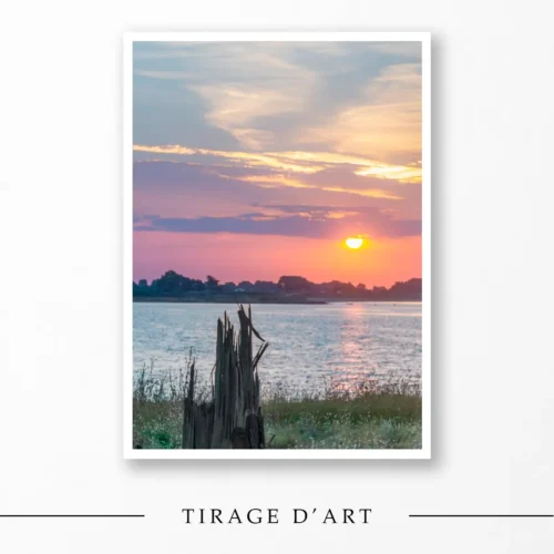 Photo work sunrise Kerpenhir point Locmariaquer, driftwood stump in foreground, view of Morbihan Gulf entrance
