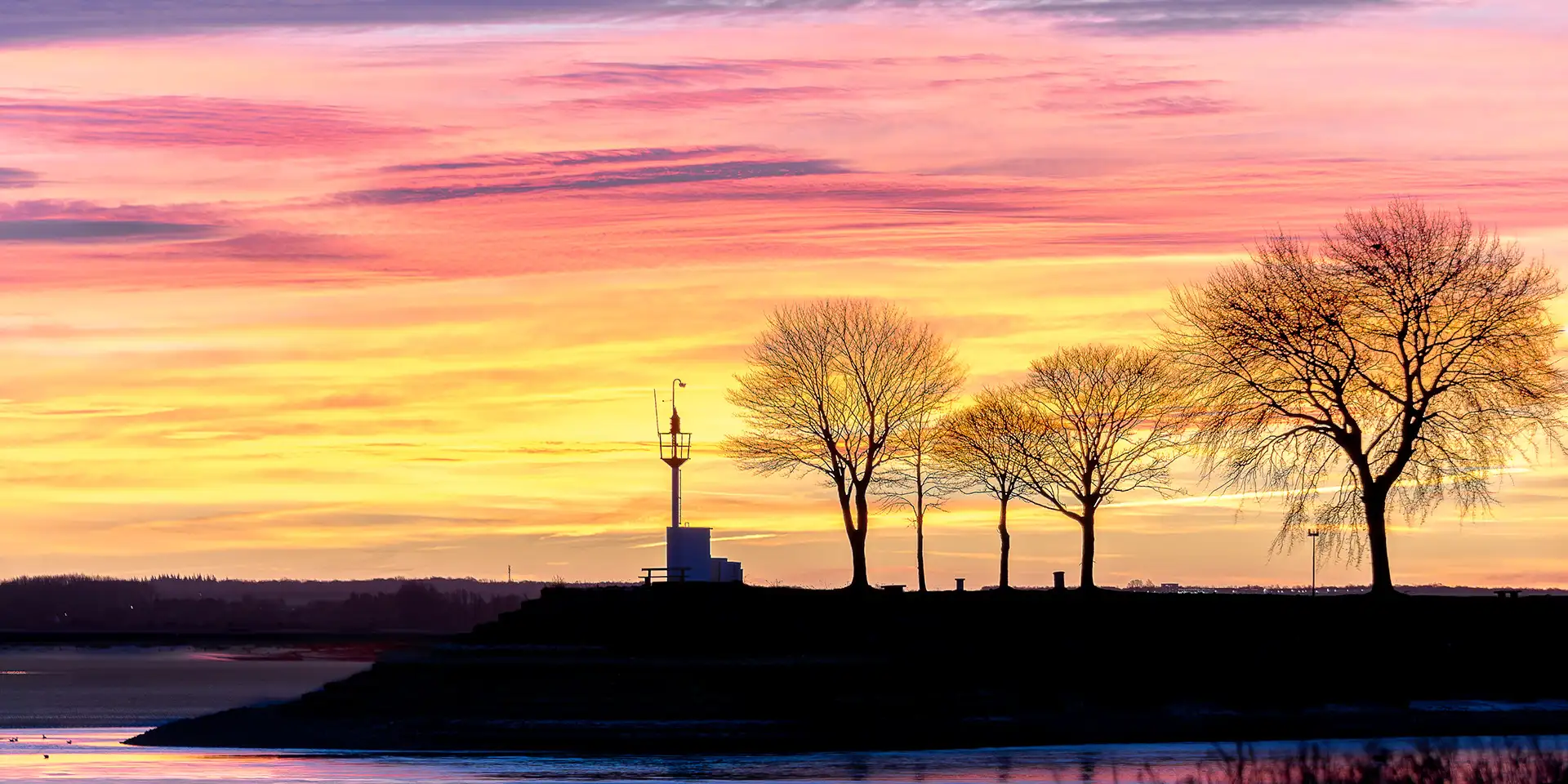 Lever de soleil Baie de Somme - Arbres en silhouette tons roses orangés - Photo nature