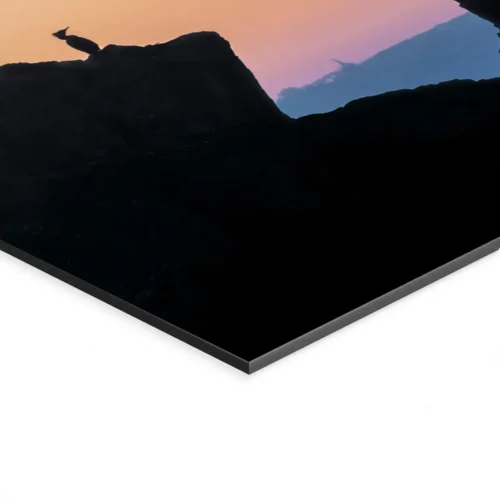 Photographie artistique cormorans en silhouette au coucher du soleil, style minimaliste, sur Alu Dibond