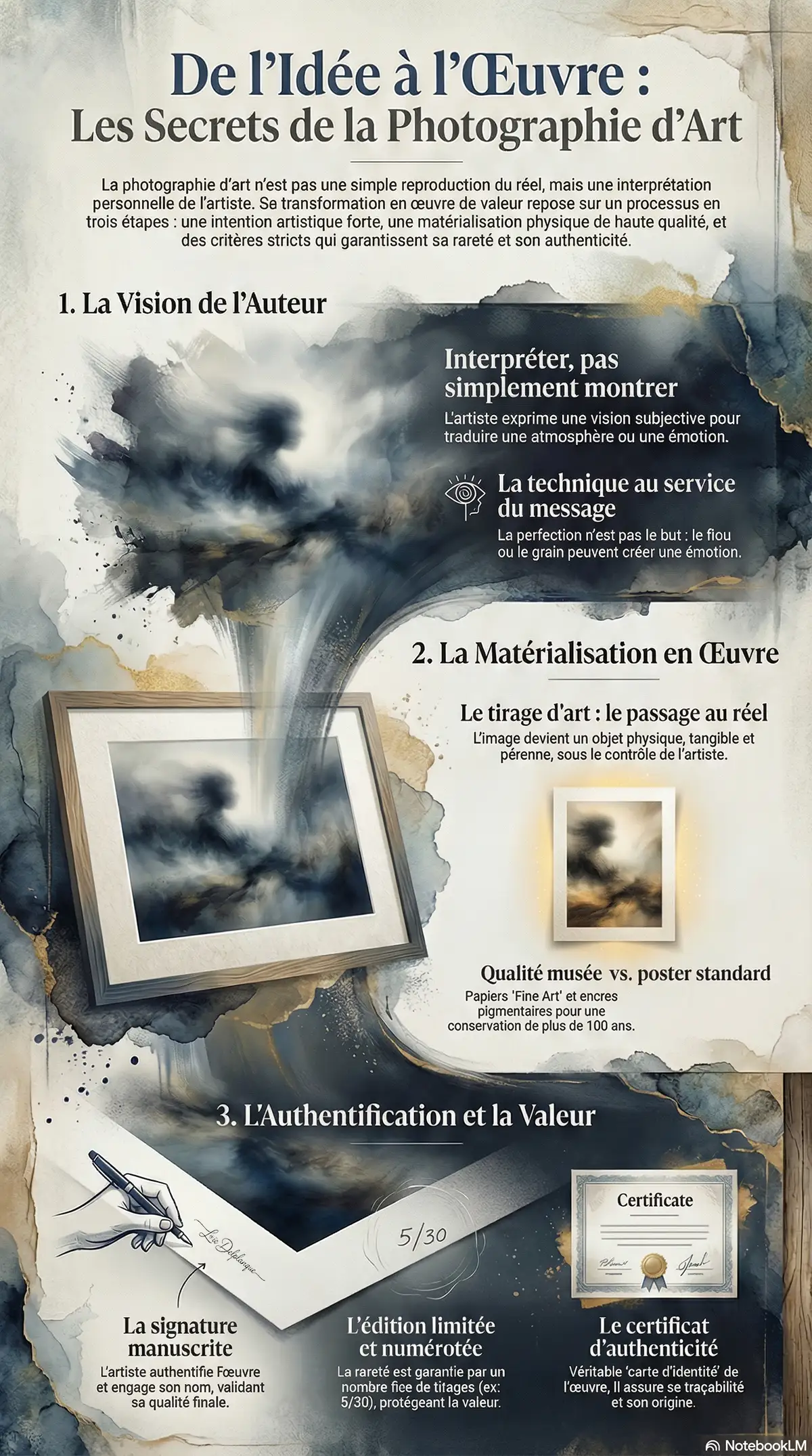 Infographie pédagogique : les 3 étapes de création d'une photographie artistique, de la vision à l'authentification.