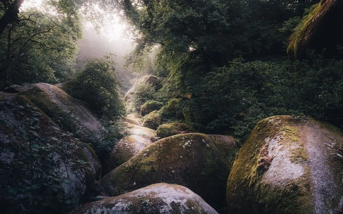 Caos de Huelgoat Finistère, rocas musgosas y luz mística en el bosque bretón