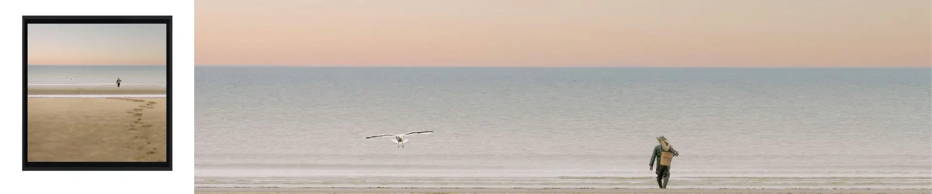 Pescador caminando por una playa al amanecer, fotografía minimalista de bellas artes.