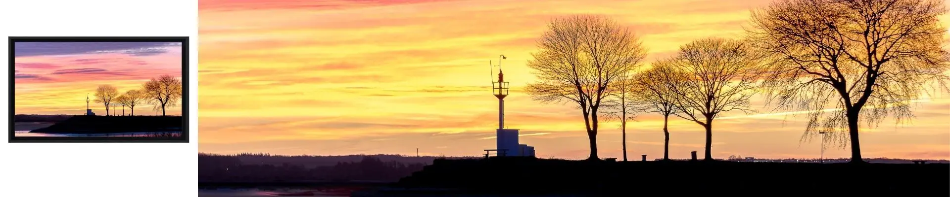 Photographie d’un lever de soleil à Saint-Valery-sur-Somme avec des arbres en ombre chinoise devant la baie de Somme