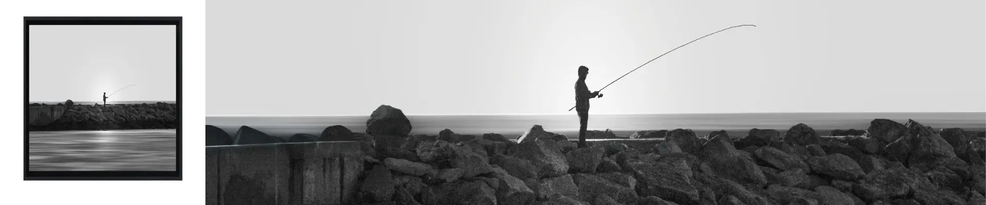 Fotografía en blanco y negro de un pescador en la sombra sobre un dique, impresión artística