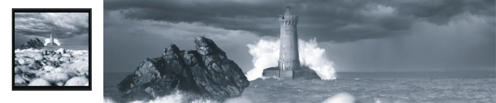 Ola de tormenta golpeando el faro Four en Bretaña, vista en blanco y negro.