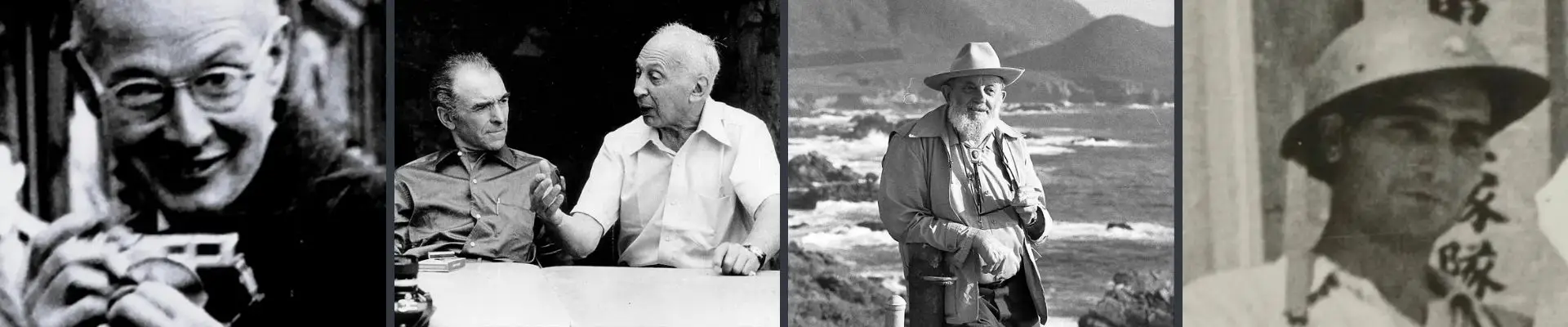 Photographes célèbres du noir et blanc Bandeau de portraits de photographes célèbres en noir et blanc : Cartier-Bresson, Doisneau, Ansel Adams et Robert Capa